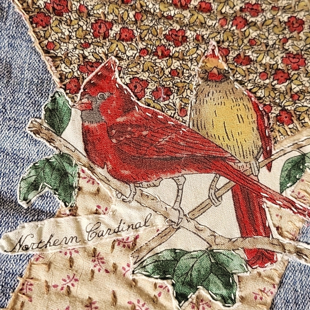 HAND CRAFTED Jeans UPCYCLED Blue Denim Patchwork Bird Floral Applique Size 6 - Picture 17 of 17